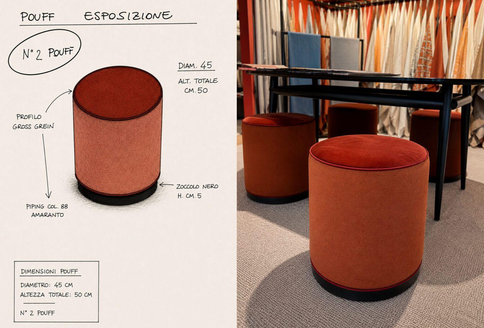 Design drawing and finished photo of two velvet poufs with contrast piping