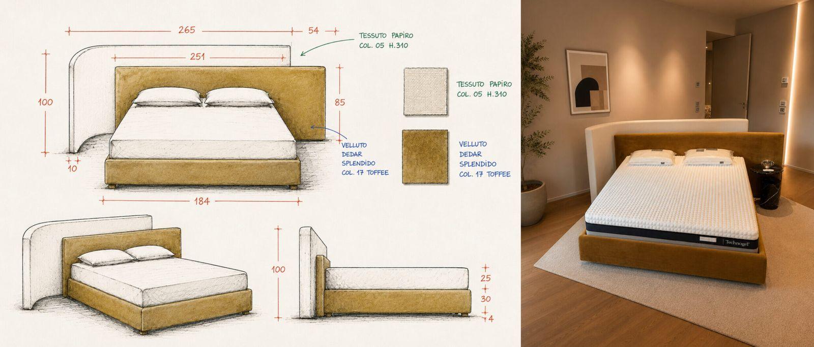 Design drawing and finished photo of a bed with a wrap-around fabric headboard and Dedar velvet base